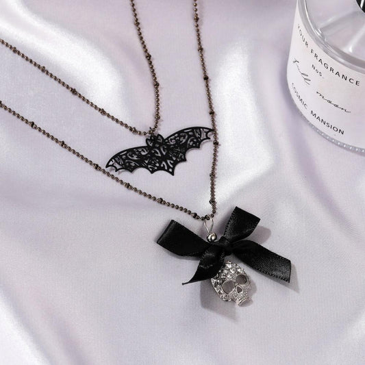 Halloween Brother Personality Bow Pendant Special Dark Bat Skull Necklace Accessories