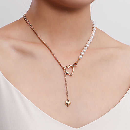 Retro imitation pearl stitching personality clavicle necklace simple geometric heart asymmetrical metal necklace ins