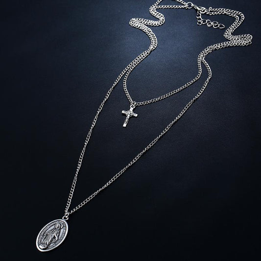 Grid Long Chain Cross Necklace Alloy Virgin Pattern Pendant Necklace