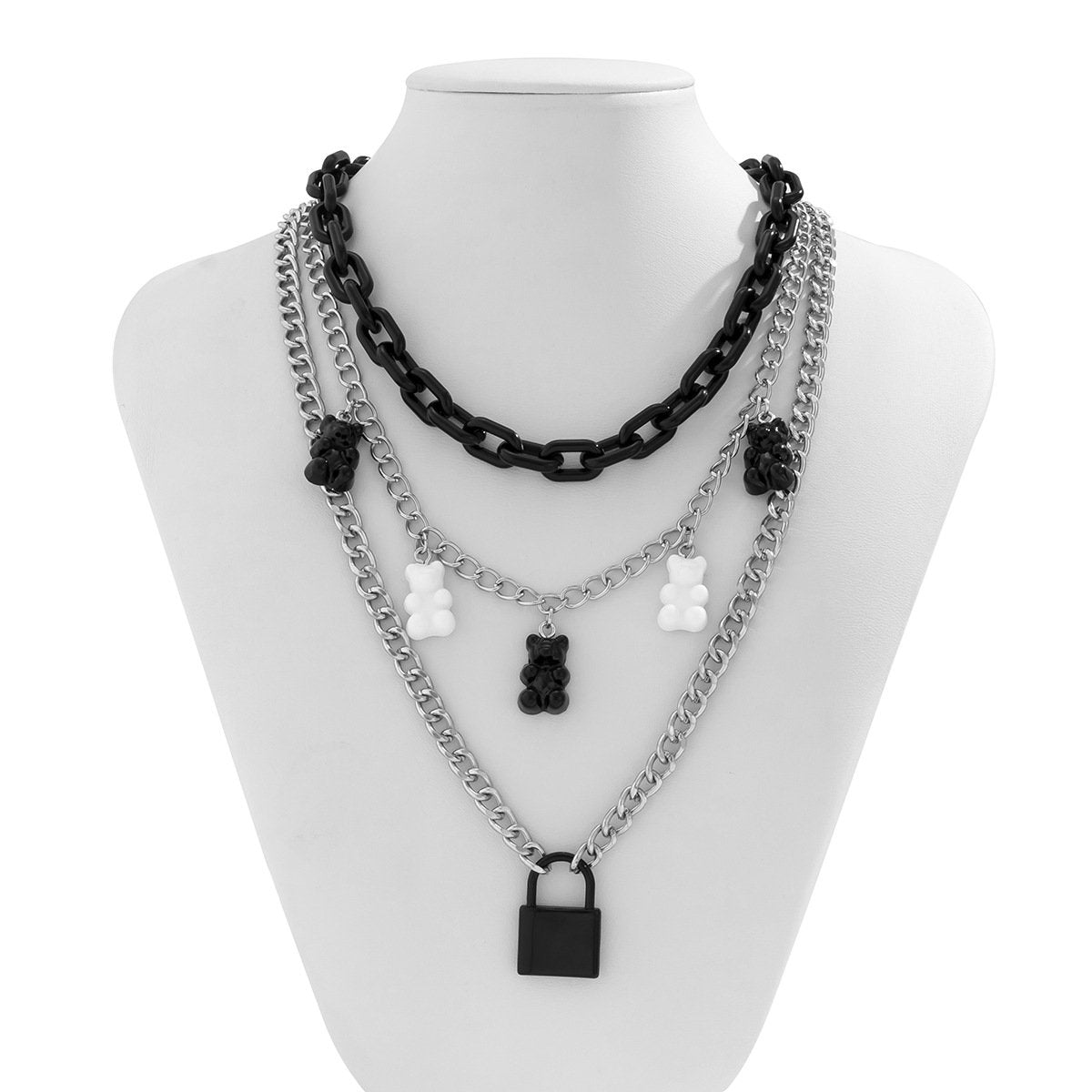 Jewelry retro metal lock-shaped multi-layer necklace female sweet cool black and white color matching bear tassel necklace
