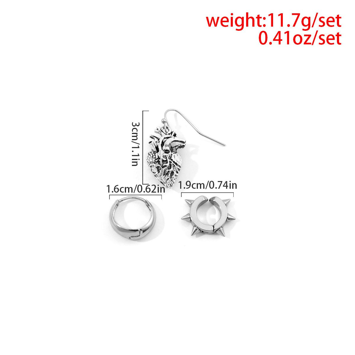 Jewelry personality heart three-dimensional asymmetric set earrings female punk dark rivet earrings