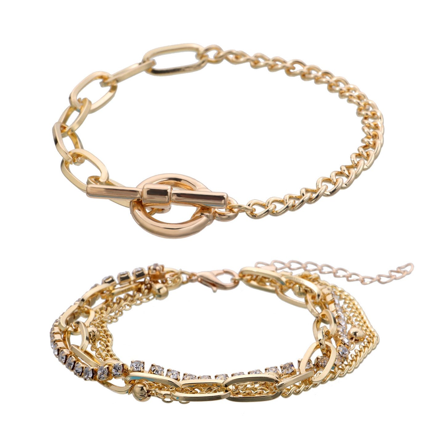 Jewelry Fashion Full Diamond AB Chain Bracelet Female Personality Multilayer Bracelet OT Buckle Jewelry Three-piece Set