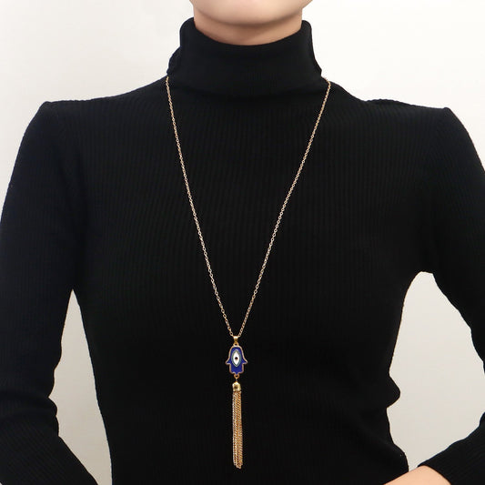 Jewelry Hand of Fatima Blue Evil Eye Tassel Pendant Necklace Women's Sweater Chain Trendy