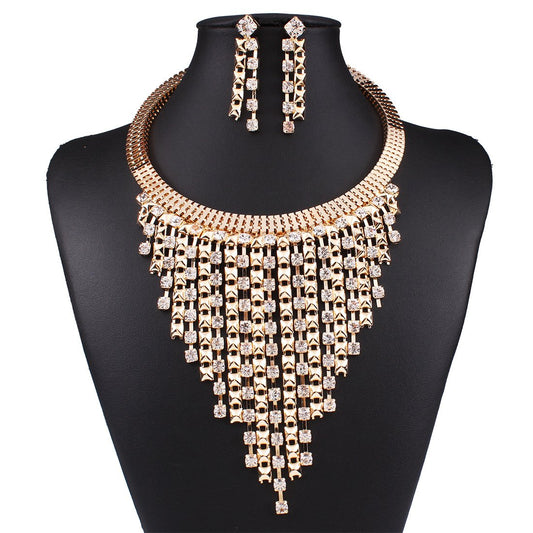 N3589 street shot with the same creative fashion multi-layer tassel diamond necklace earrings collar jewelry