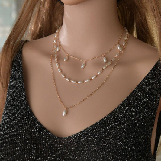 Fashion Rice Grain Pearl Necklace Retro Multilayer Chain Necklace Ladies Accessories