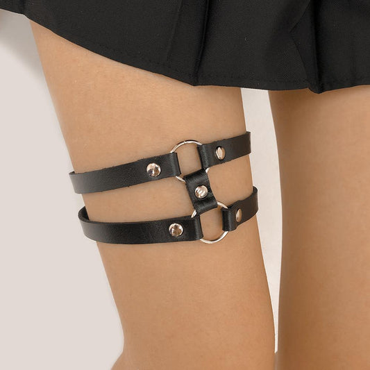 C261 Dark leather double-layer leg ring exaggerated geometric trendy cool leg decoration Gothic personality leg chain female