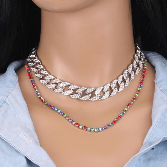 Jewelry Punk Hip Hop Full Diamond Cuban Buckle Necklace Temperament Simple Diamond Double Layer Set Chain Women