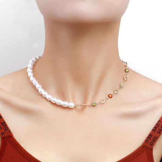 Jewelry ins splicing imitation pearl painted drip glaze flower pendant female niche high-end necklace light luxury