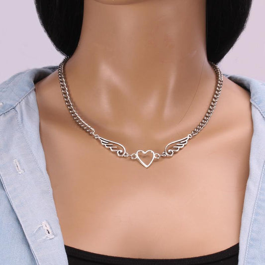 Stranded empty silver necklace simple personality ins niche design net red hipster retro wing necklace