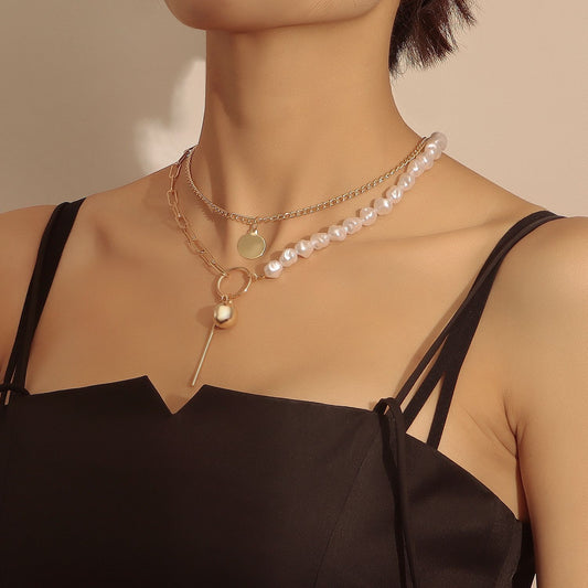 Jewelry Stitching Chain Imitation Baroque Shaped Pearl Necklace Geometric Ball Long Stick Pendant Necklace