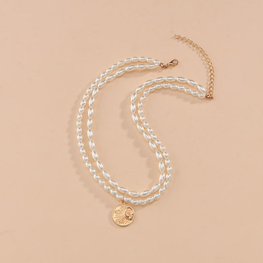 Elegant Temperament Double Imitation Pearl Necklace Fashion Alloy Sun Pendant Necklace Accessories