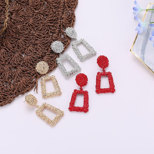 Exaggerated Atmospheric Matte Trendy Geometric Earrings Creative Personality Embossed Trapezoidal Long Metal Earrings