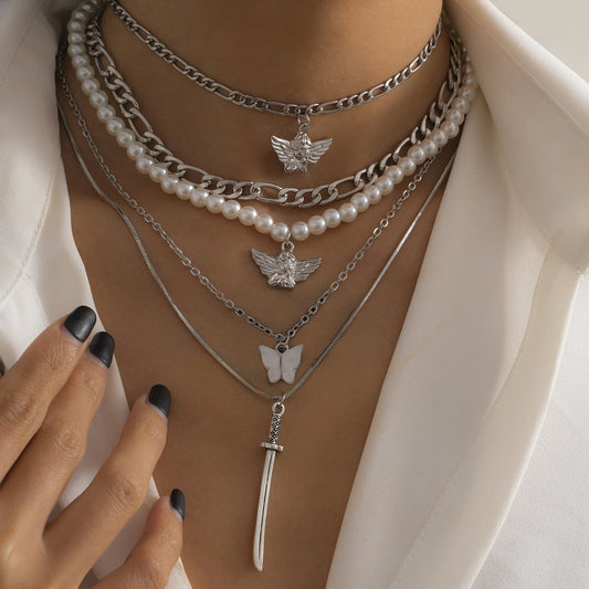 Jewelry hip-hop angel multi-element suit necklace street shooting exaggerated butterfly imitation pearl necklace female