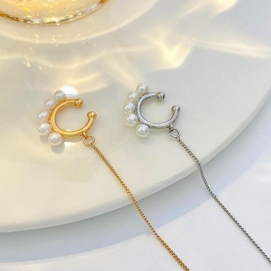 ins simple pearl ear bone clip female fashion temperament niche design long tassel ear wire single earring