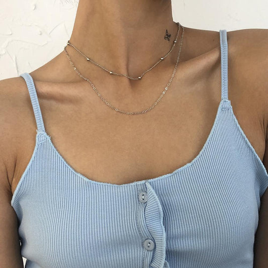 N8257 Necklace Retro Hong Kong Simple Double Layer Clavicle Chain Geometric Chain Bead Necklace