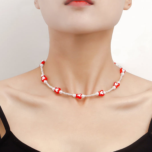 Jewelry Mini Color Butterfly Transparent White Rice Bead Necklace Female Y2K Small Fresh Imitation Pearl Necklace