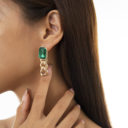 Jewelry temperament simple color imitation gemstone earrings female retro personality metal chain earrings