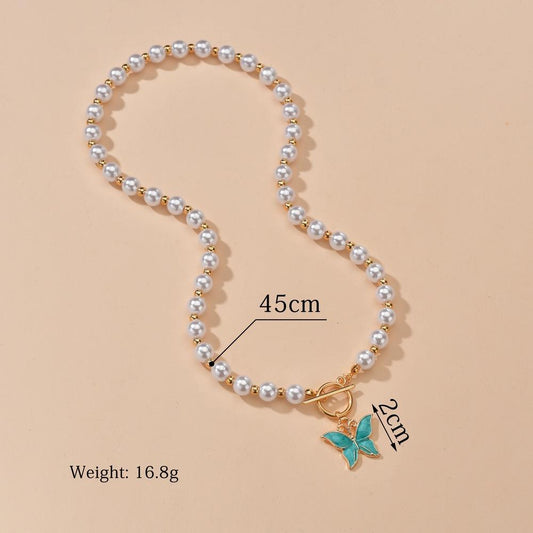 Simple Super Fairy Pearl Necklace Fashion Drop Oil Alloy Butterfly Necklace Ladies Jewelry