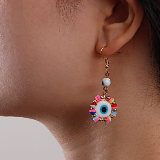 Jewelry geometric color soft pottery devil's eye tassel earrings female niche design high-end earrings