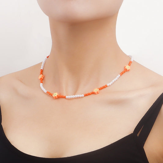 Jewelry Bohemian colored rice beads imitation pearl smiley flower necklace choker necklace female