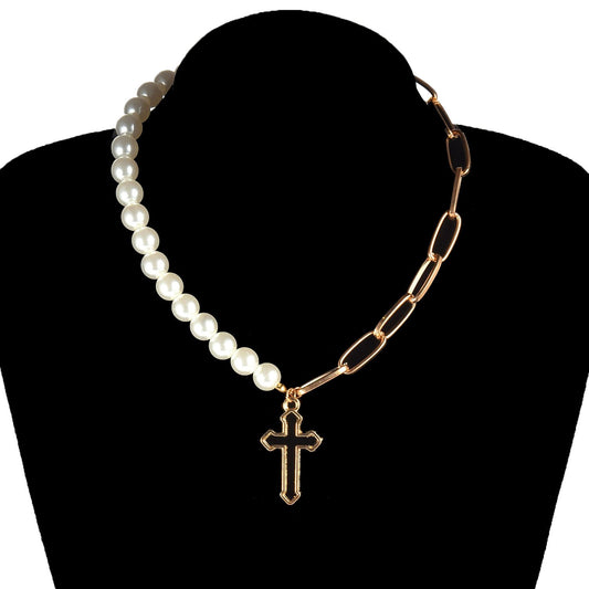 Jewelry Fashion Pearl Chain Cross Necklace Ladies Punk Retro Exaggerated Short Pendant