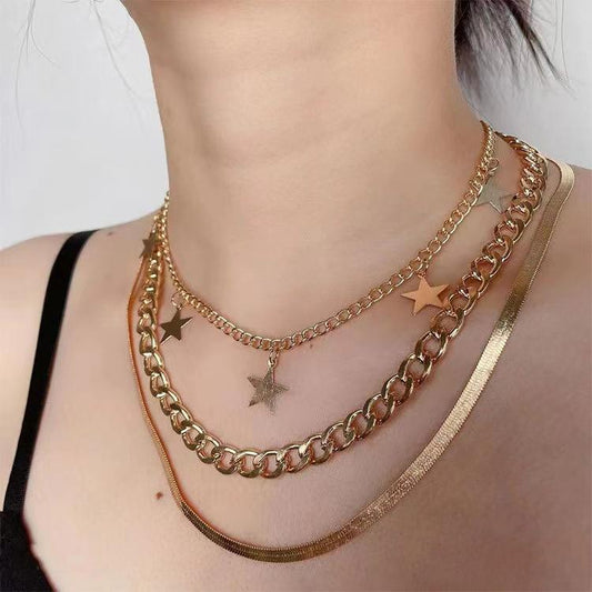 Fashion Simple Geometric Flat Snake Bone Chain Necklace Hip Hop Sequin Star Pendant Necklace Set