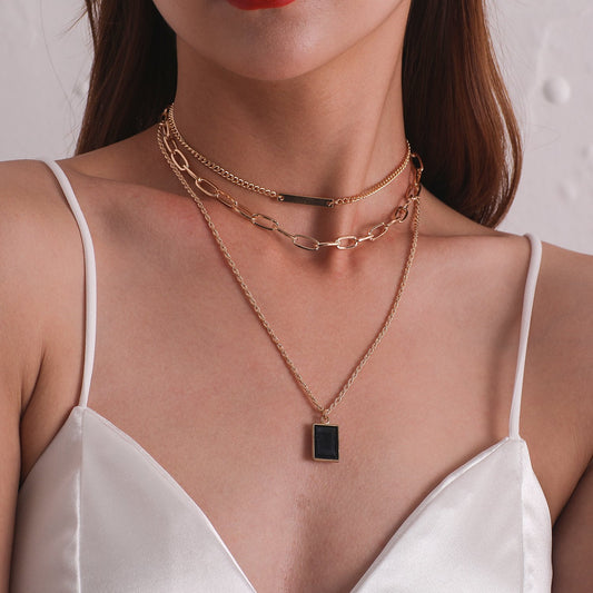Jewelry Black Diamond Gemstone Pendant Chain Necklace Women's Fashion Street Shoot Multi-layer Trend Necklace