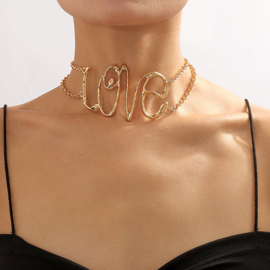 N1995ZA Exaggerated Retro LOVE Letter Necklace Metal Texture Heavy Industry Personality Hip Hop Creative Necklace Female
