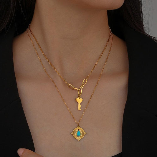 Fashionable Personality Stackable Stainless Steel Necklace Versatile Golden Key Songhua Stone Double Layer Necklace