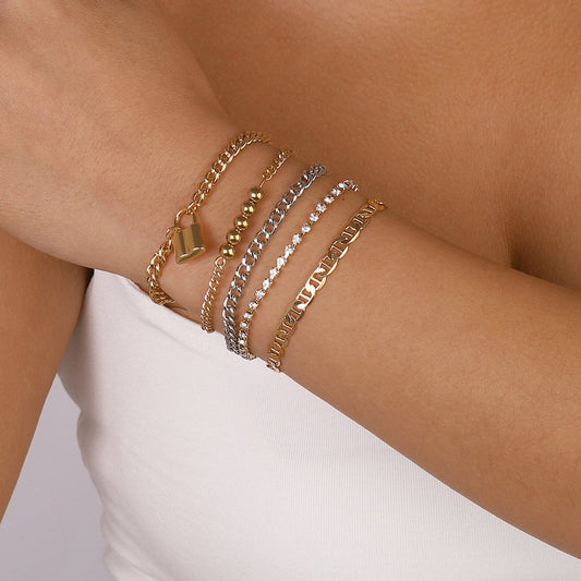 B1823 Simple Temperament Geometric Claw Chain Hand Decoration Small Lock Ball Bead Chain Elements Multi-layer Stacked Bracelet Women