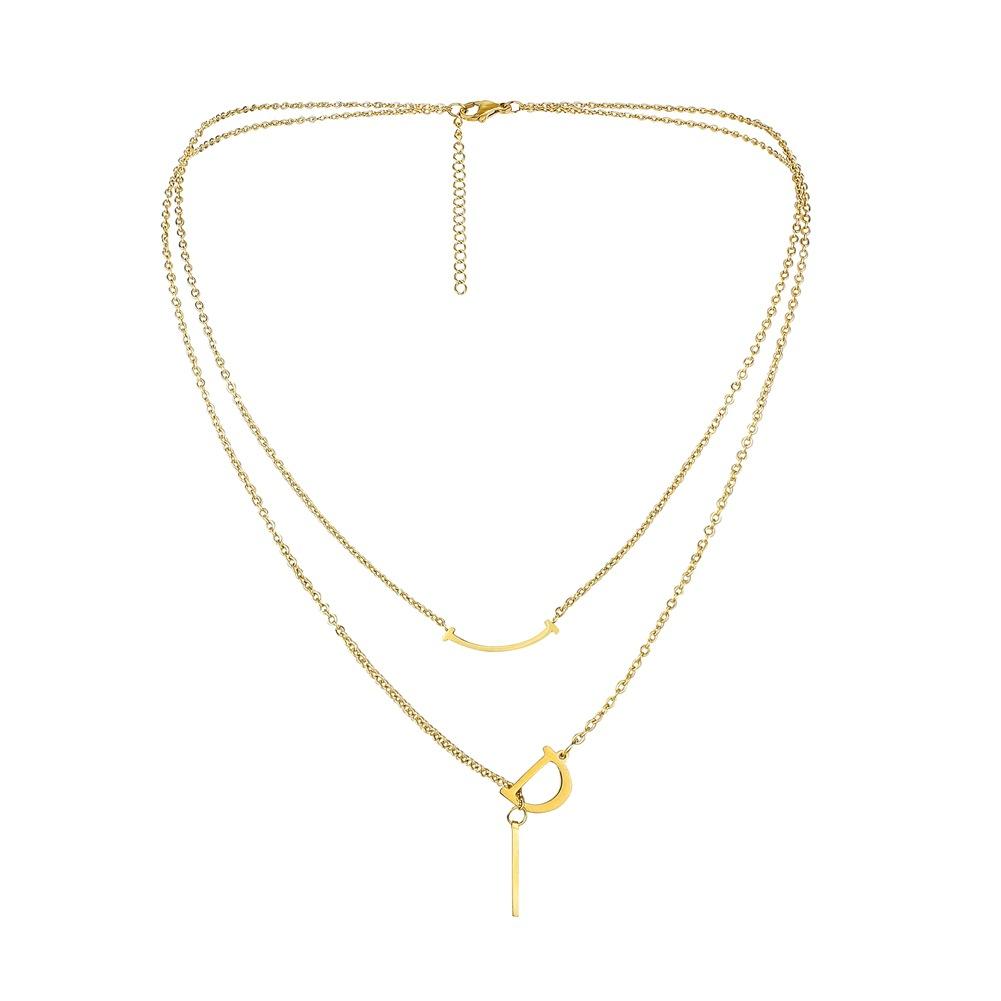 Personalized simple stainless steel color-preserving double-layer D-shaped smiling face pendant titanium steel all-match collarbone necklace