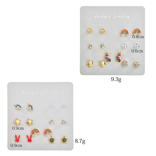 One week earring combination set Internet celebrity cartoon cute rainbow unicorn earrings student female earrings
