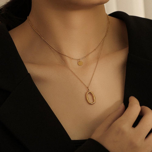 Personalized double-layer stainless steel O-shaped oval circle pendant titanium steel geometric collarbone necklace female