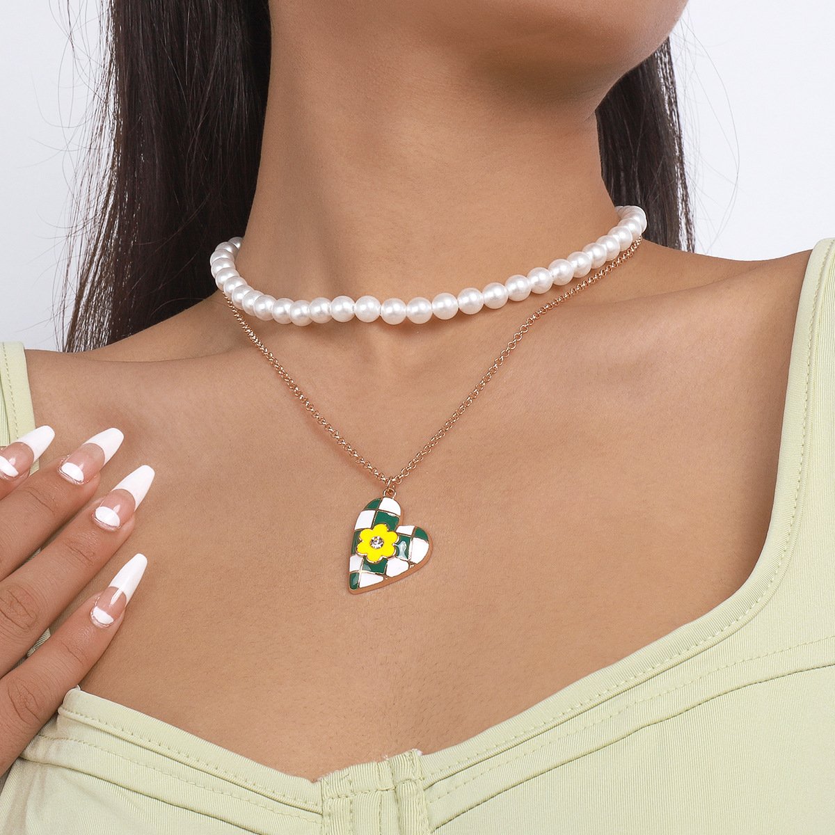 N1436 Personalized pearl stacked double-layer necklace dripping oil love flower slightly inlaid sweet girl necklace