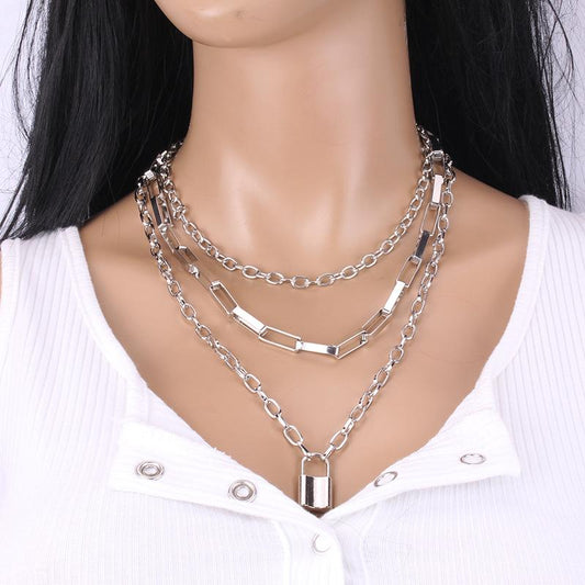 Niche design sense padlock necklace trend ins hip-hop versatile personality pendant multi-layer chain