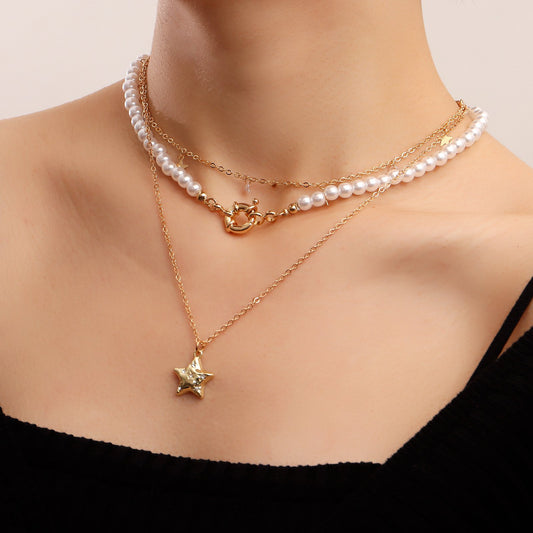 Jewelry ins five-pointed star zircon tassel simple all-match multi-layer necklace collarbone chain female