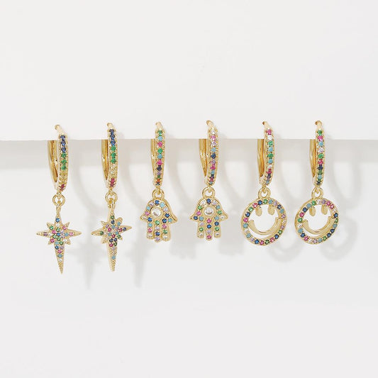 ZE66 net red geometric ear buckle copper micro-inlaid color zircon octagonal palm smile earrings female