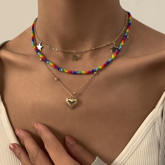 Beach Vacation Colorful Rice Beads Beaded Necklace Female Simple Small Peach Heart Star Clavicle Necklace