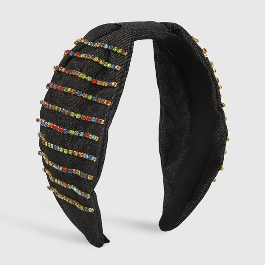 F4838 Retro Denim Wide Side Knotted Claw Chain Rhinestone Headband Baroque Geometric Light Luxury Heavy Industry Headband Women