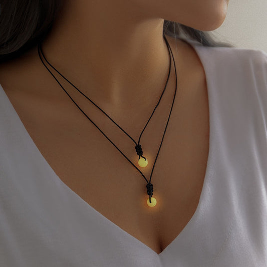 Jewelry Simple Double Layer Luminous Stone Pendant Necklace Women's Versatile Jade Line Adjustable Geometric Necklace