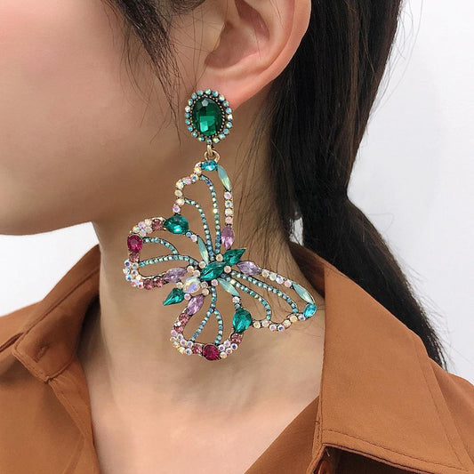 E9378 Jewelry Baroque Exaggerated Personality Butterfly Earrings Female Fashion Creative Color Diamond Earrings