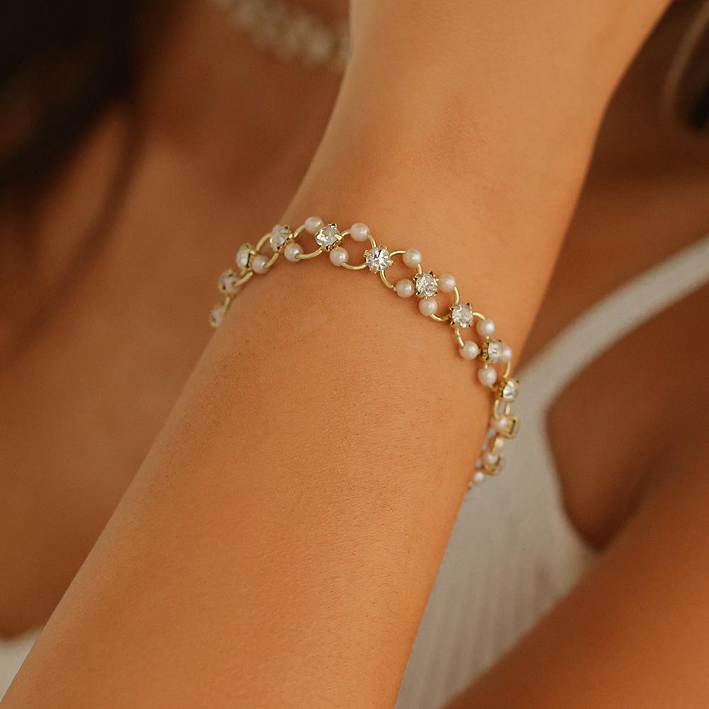 Trendy sweet simple circle zircon pearl necklace bracelet simple clavicle chain bracelet jewelry