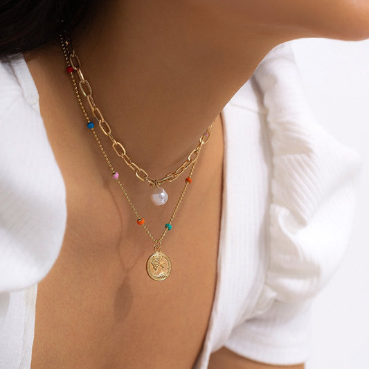 Jewelry Retro Simple Portrait Tag Necklace Female Ins Color Ball Chain Clavicle Necklace