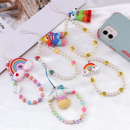 Simple monster rainbow non-slip bag chain cute cinnamon dog soft pottery mobile phone case anti-lost pendant pearl chain