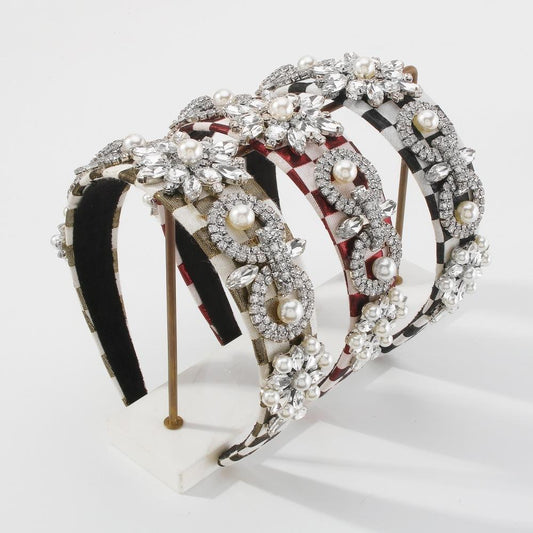 F3716 Jewelry Plaid Exaggerated Palace Rhinestone Flower Headband Imitation Pearl Light Luxury Headband Female