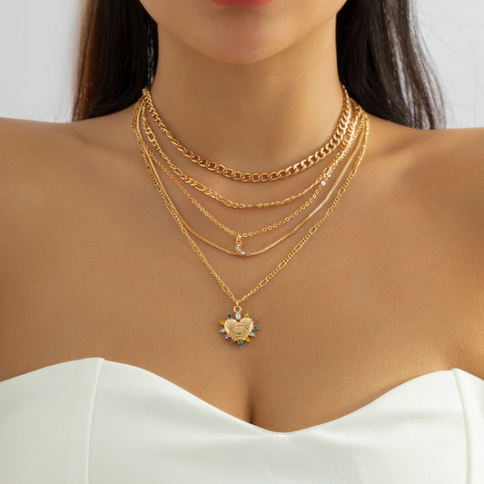 Jewelry personality heart-shaped three-dimensional eyes pendant necklace female simple full diamond moon chain necklace