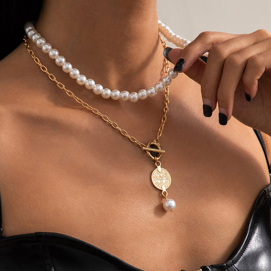 Jewelry Temperament Simple Geometric Beaded Necklace Retro OT Buckle Portrait Imitation Pearl Multilayer Necklace