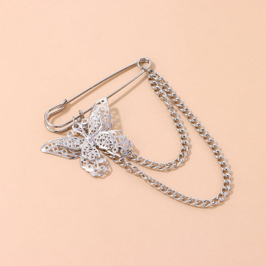 Ins tide Harajuku men and women personality butterfly chain brooch fashion metal pin suit decoration jewelry