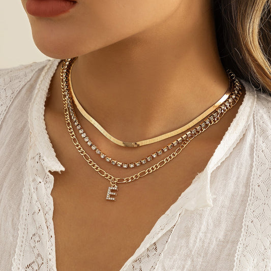 Jewelry Hip Hop Diamond Letter E Pendant Necklace Female Retro Metal Snake Bone Chain Necklace