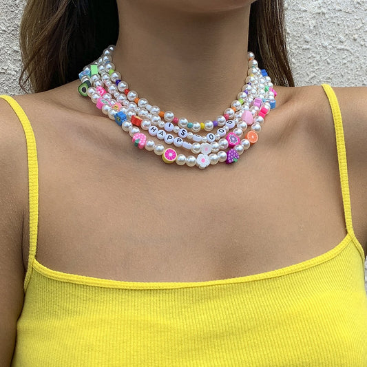 Jewelry simple fruit flower weaving mix and match necklace temperament imitation pearl multi-layer clavicle necklace